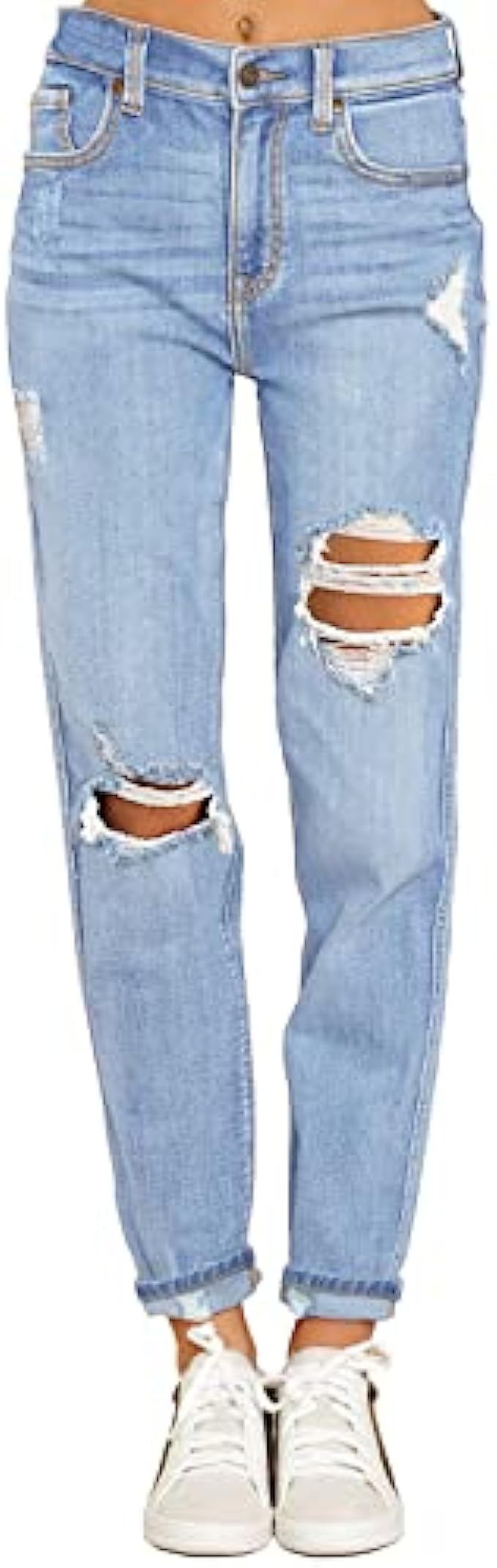 GRAPENT Women&#039;s Casual High Waisted Mom Jeans Ripped Stretchy Tapered Denim Pants