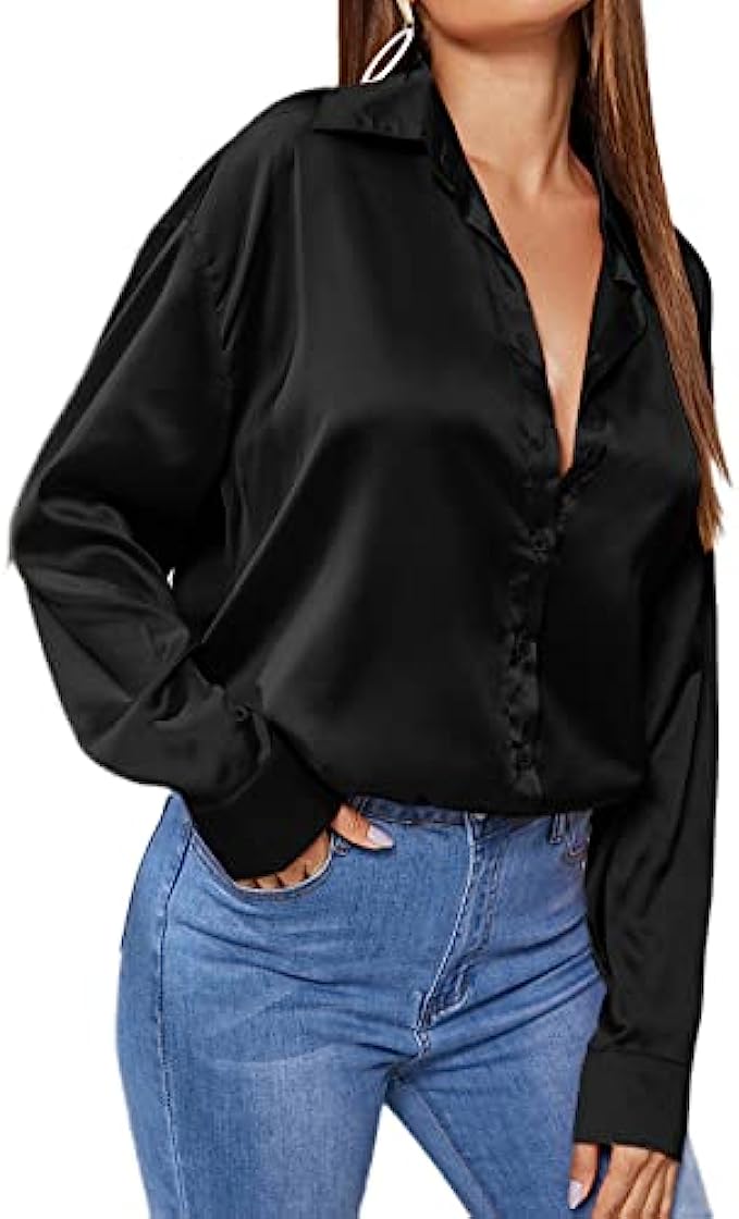 MakeMeChic Women&#039;s Satin Silk Long Sleeve Blouse Button Down Shirt Casual Top