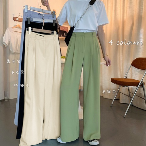 Flowy Long Pants Women Korean Loose Wide Leg Plain High Waist Green Trousers