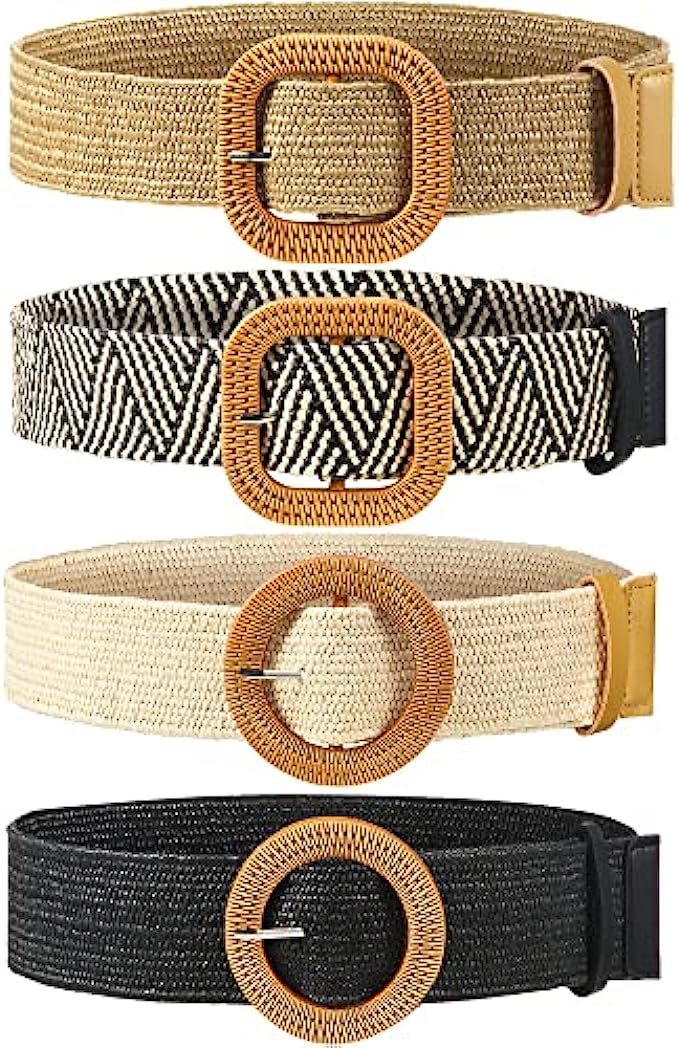 4 Pack Straw Woven Elastic Stretch Waist Belt Women Skinny Dress Belt Wooden Buckle Waist Dress Band