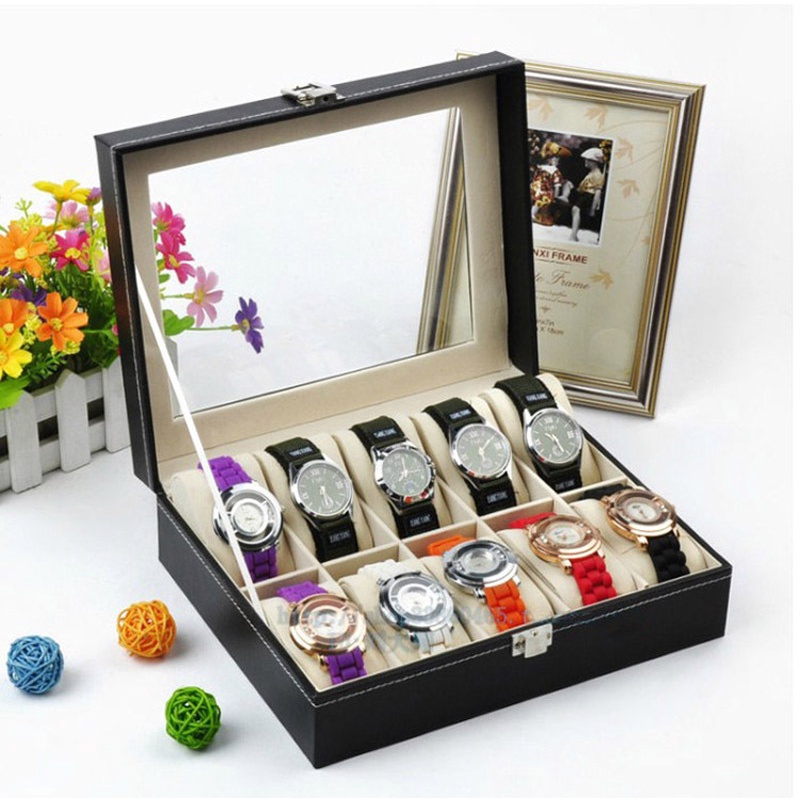 [SG Seller ] 12 Slots Watch Box Storage Case PVC Glass Top Jewelry Watch Collection Watch Case Watch Box